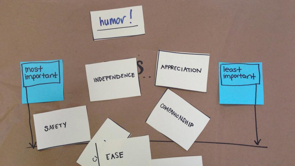 In this example, each card has a different NEED on it, but you can also use the cards to have participants rank different&nbsp;service components. Again, it's a good idea to leave some blank cards. The blank card, in this example, has a write-in that shows a new need for "humor!" 